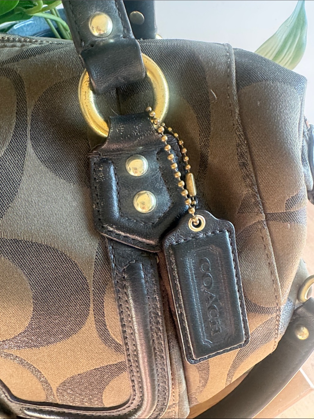 Coach Campbell Signature Metallic Olive Green Canvas Satchel with Leather Trim - Picture 3 of 12